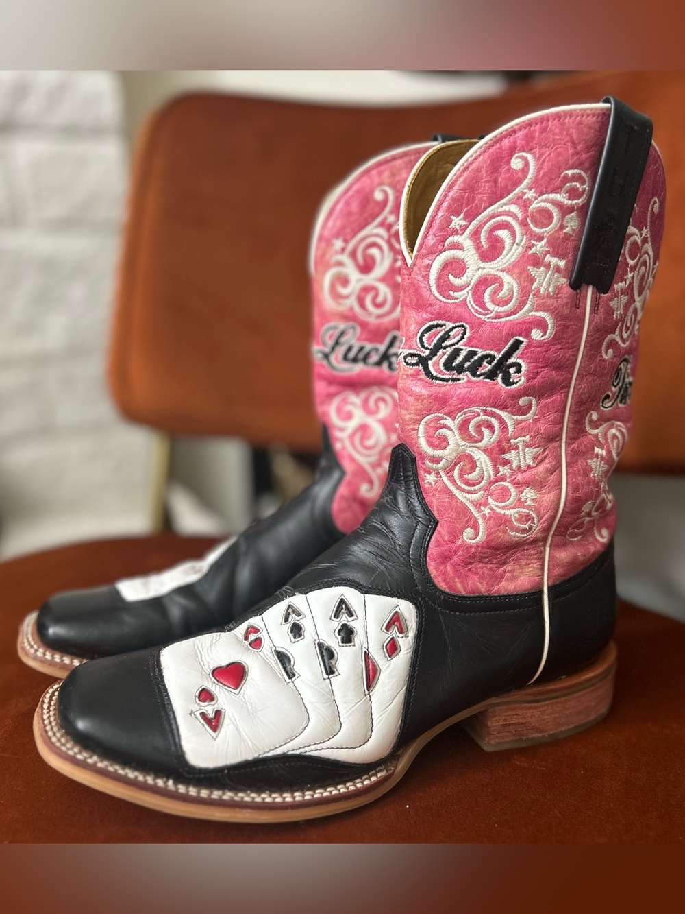 TIN HAUL LADY LUCK POKER ACES SQUARE TOE COWGIRL WESTERN BOOTS